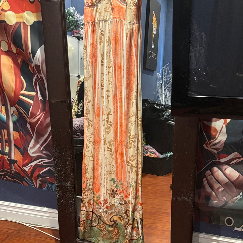 Trac Orange and Green Floral Maxi Dress summer dress with rhinestones